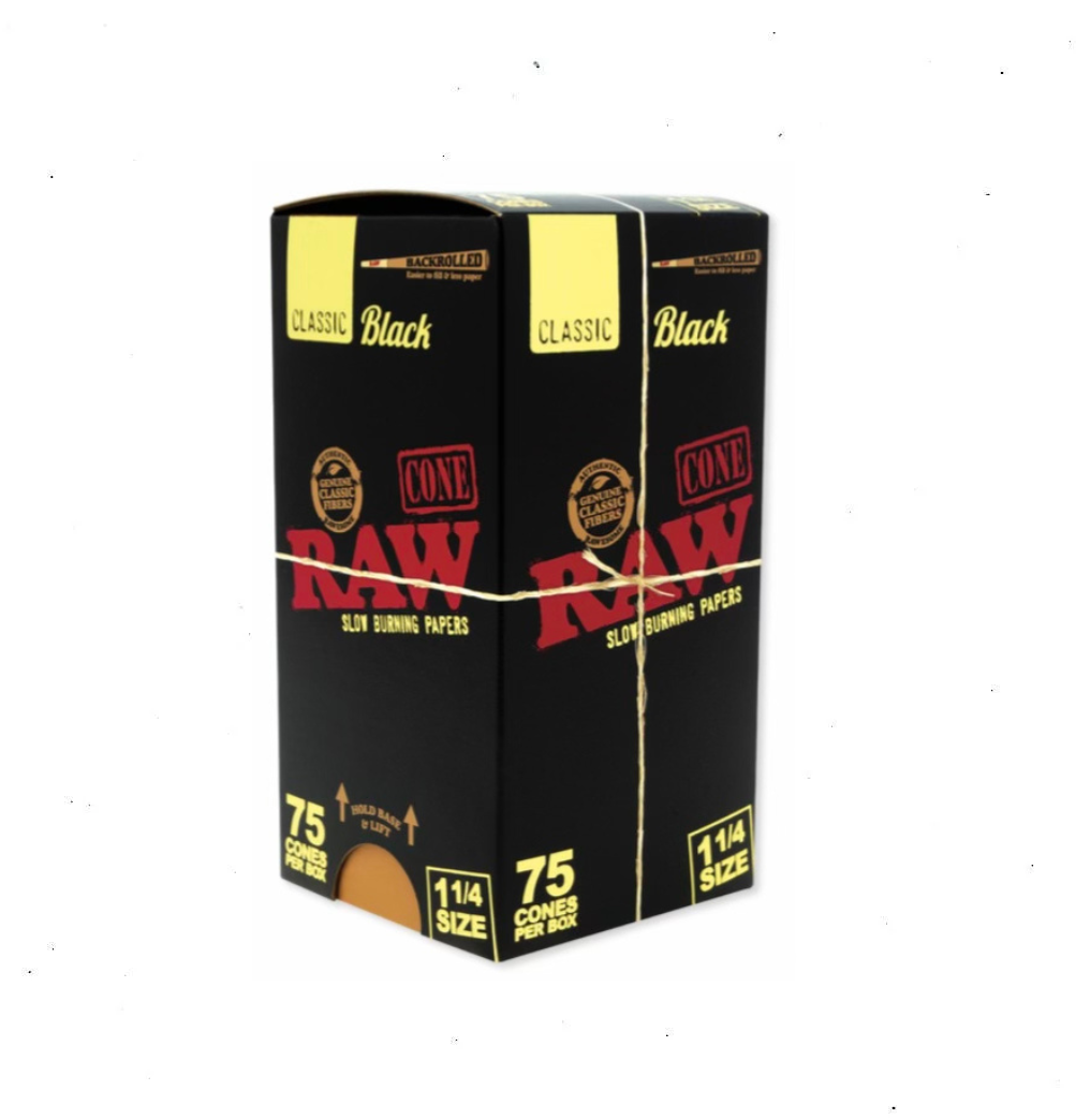 RAW - Black 1 1/4 Size Classic Pre-Roll Cone (75 Pack)